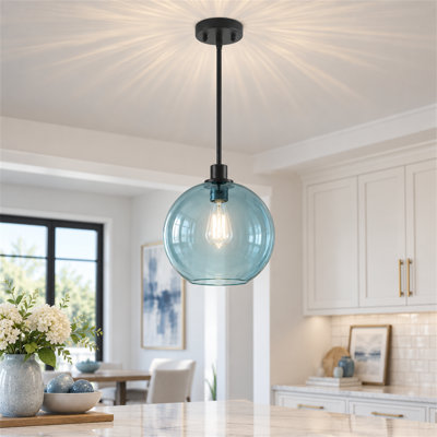 Lustre rond à double trou de 28 cm (11,02 po) en verre bleu, à lumière, pour îlot de cuisine ou salle à manger