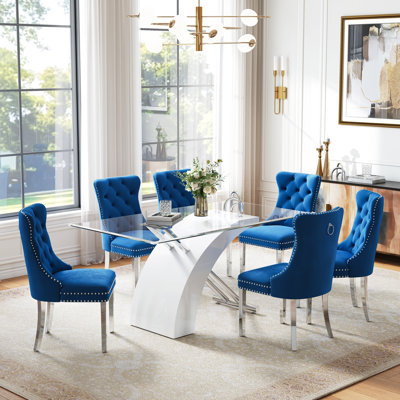 Modern Glass Dining Table Set, 63" Rectangular Tempered Glass Table, X-Shaped Base, 6 Velvet Upholstered Chairs With Nailhead Trim(Set Of 7)