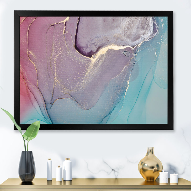 Turquoise et rouge, art liquide I - peinture sur toile, H 12 po x l 20 po, Toile avec cadre de coin noir fermé
