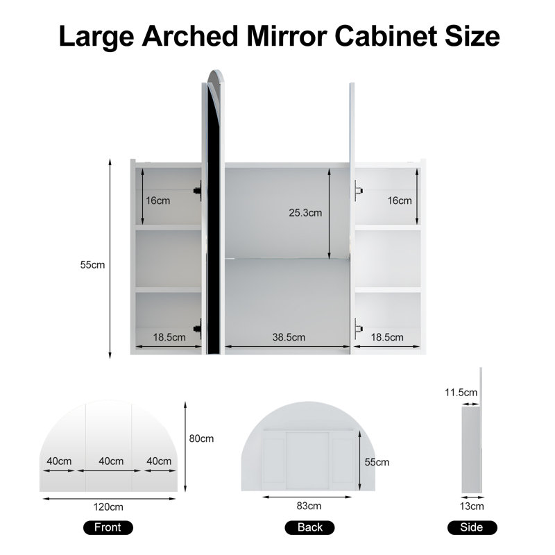 Arched Wall-Mounted Bathroom Mirror Cabinet with Shelves, 120 × 80 × 13 cm