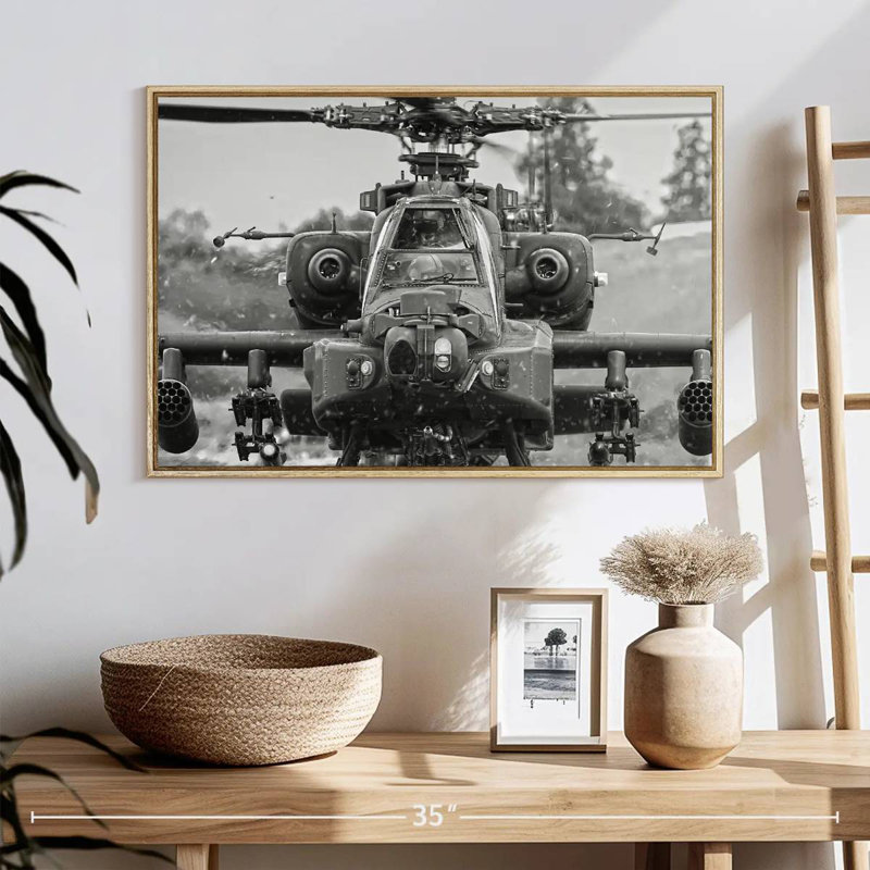 Hélicoptère de chasse Apache, Cadre flottant en bois naturel, 25 po x 17 po