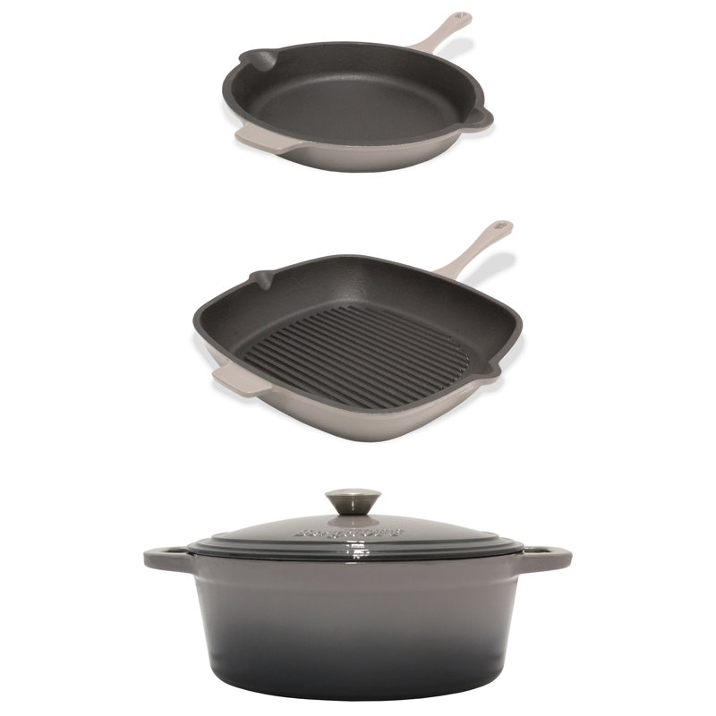 BergHOFF Neo 4 Pc Cast Iron Cookware Set with Fry Pan, Grill Pan, and 5Qt. Covered Dutch Oven, Grey