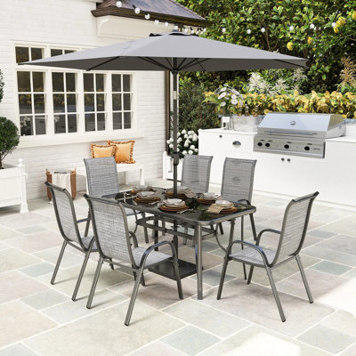 8-piece Patio Furniture Set With 9ft Patio Umbrella, Outdoor Dining Table And 6 Chairs, Tempered Glass Table & Breathable Mesh Seating For Backyard, Deck, Garden