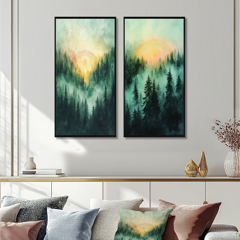 Rainbow In The Misty Forest I - Collection d'art sur toile 2 panneaux, H 40 po x l 41 po, Cadre flottant noir