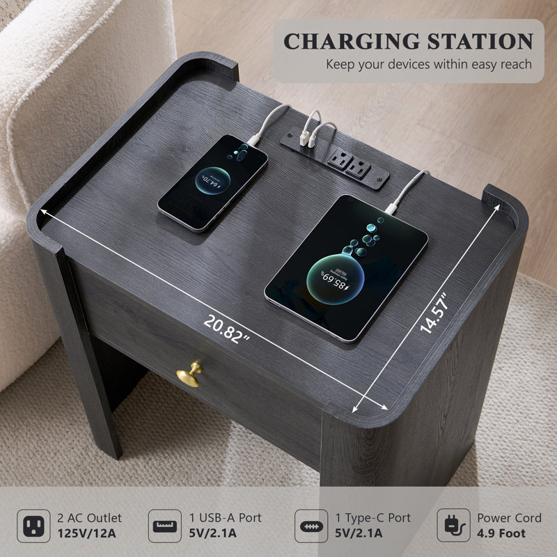  Modern Wood Nightstand with Charging Station & Storage Drawer, 23.6" Tall Curved Bedside Table, Gray