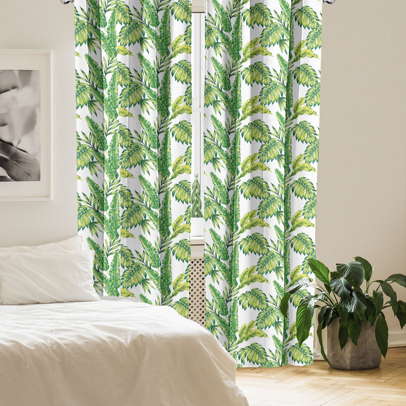 Ambesonne Jungle 4-Panel Curtains, Vintage Tropical Palm Leaf, Fern Green Lime, 56" W x 63" L