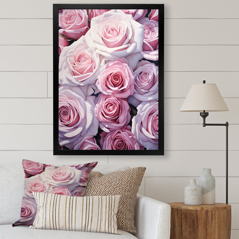 Minimalisme roses roses sur toile, Cadre simple noir, H 44 po x l 34 po x P 1,5 po