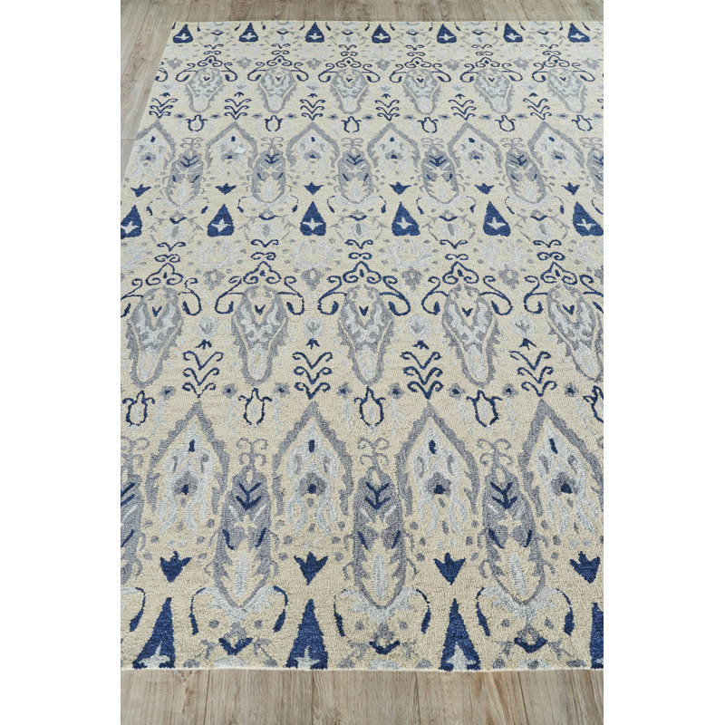 Ivory and Blue Hand-Tufted Wool Rectangular Area Rug 8' x 10'
