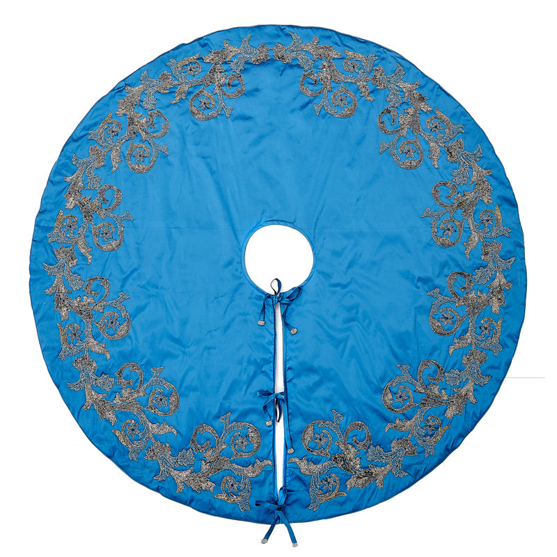 Imperial Blue Hand Beaded Christmas Tree Skirt on Blue Silk, 72"