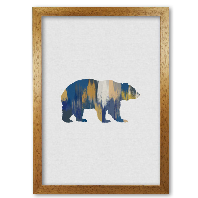 Bear Blue And Yellow Animal Art - Print, 85 cm H x 60 cm W x 5 cm D, Honey Oak Frame