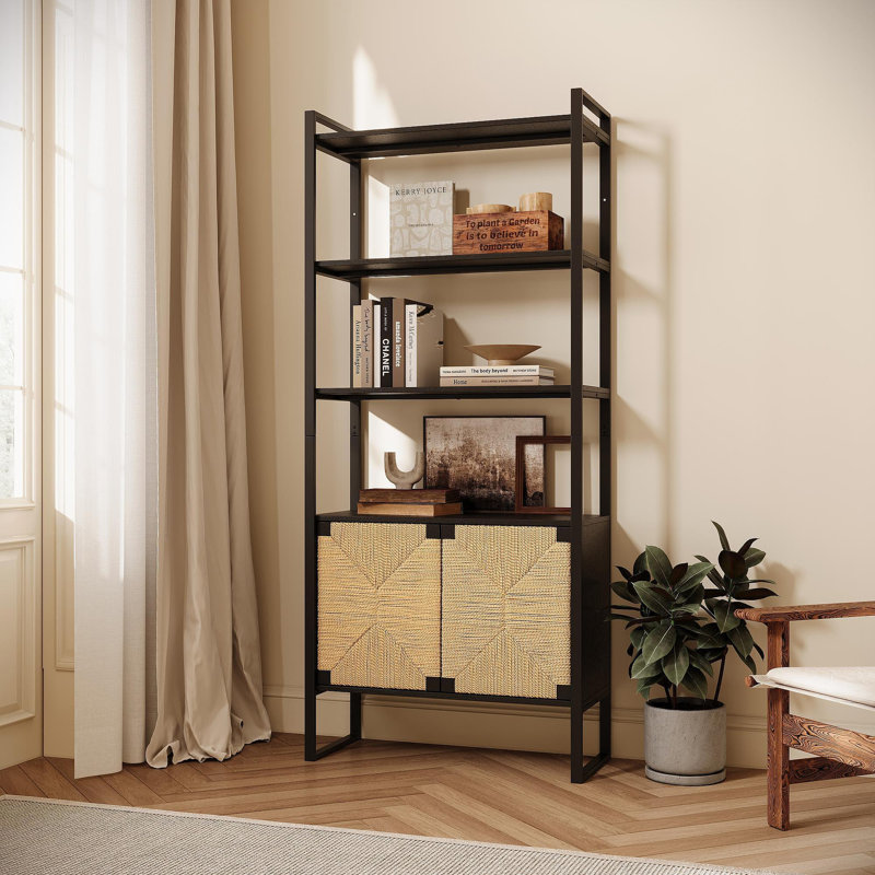 Étagère de rangement à porte d'armoire en rotin naturel, étagère ouverte à double fonction avec armoire fermée pour le salon, le vestibule et la chambre à coucher