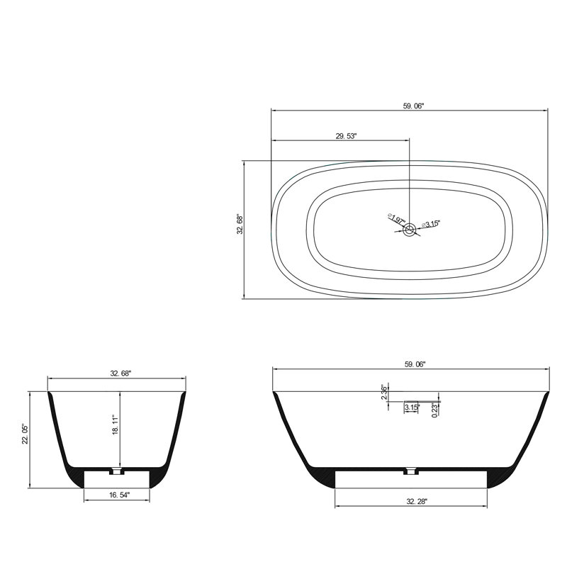 58,87 po X 32,48 po Baignoire de trempage autoportante à surface solide en résine Stone Stone
