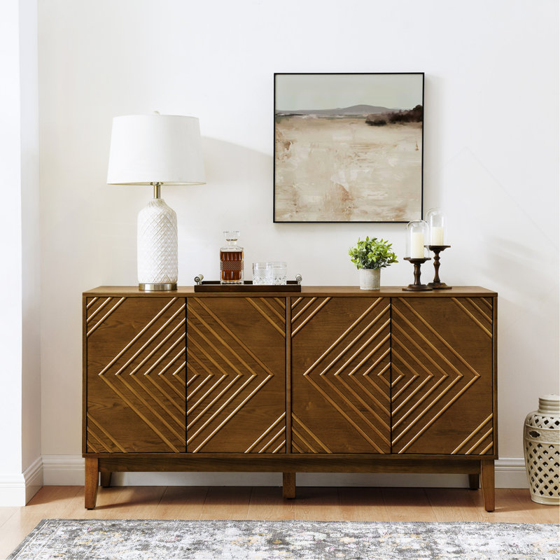 Sideboard 60.5" Buffet Cabinet With Storage, Farmhouse Fluted With Geometric Pattern & Adjustable Shelves, Mid Century Modern Tv Stand For Living Room Kitchen Dining Room Entryway, Walnut