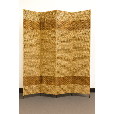 Proman Products Jakarta-B 4 Panel Folding Screen Room Divider Metal Frame with Water Hyacinth Inserts Natural Color with Espresso Bands 