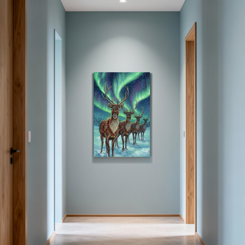 Animals Reindeer In Aurora Winter Landscape, 18" H x 12" W