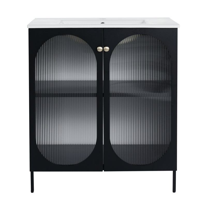 Meuble-lavabo autoportant de 30 pouces avec lavabo en céramique et porte en acrylique, Noir