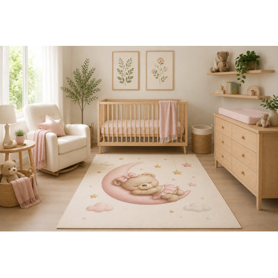 Tapis d'ours en peluche lune ultra léger de 5 pi x 7 pi, décoration de chambre de bébé chambre de bébé rose mignonne, tapis d'intérieur à envers en silicone antidérapant