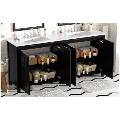 72" Bathroom Vanity Set with Double Vanities (Separate), Double Ceramic Sinks, Soft-Close Doors & Adjustable Shelf – Retro Espresso Storage Cabinet for Stylish Bathroom Organization