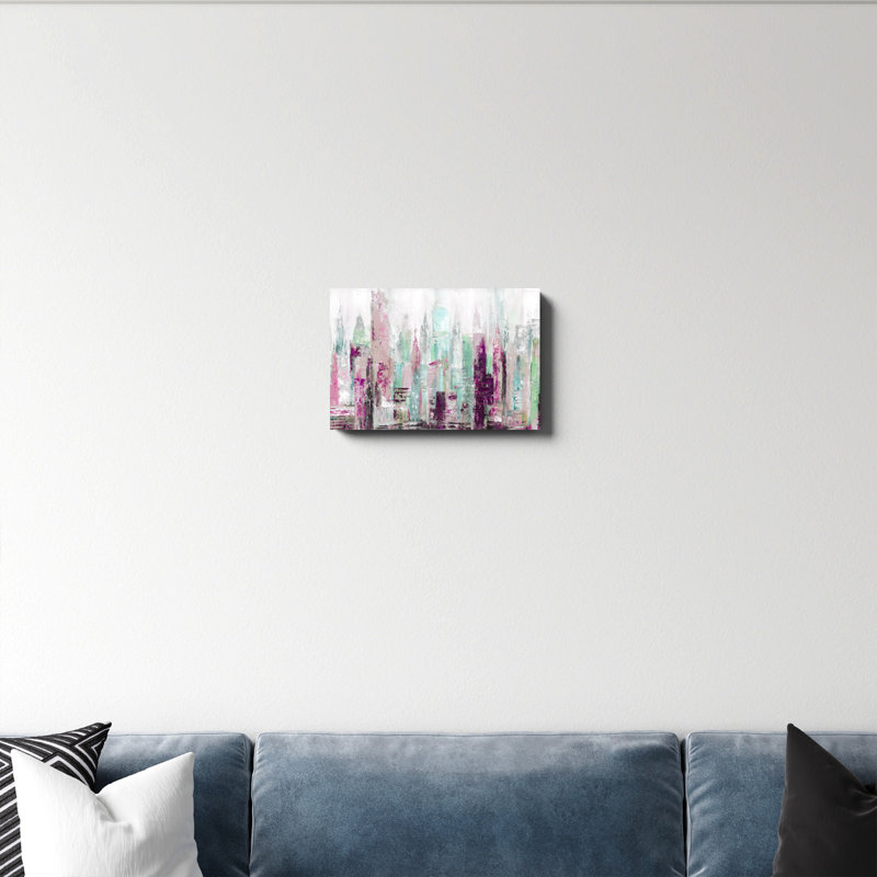 Reproduction de paysage urbain abstrait rose sur toile, H 12 po x l 18 po, Non, Toile avec cadre blanc