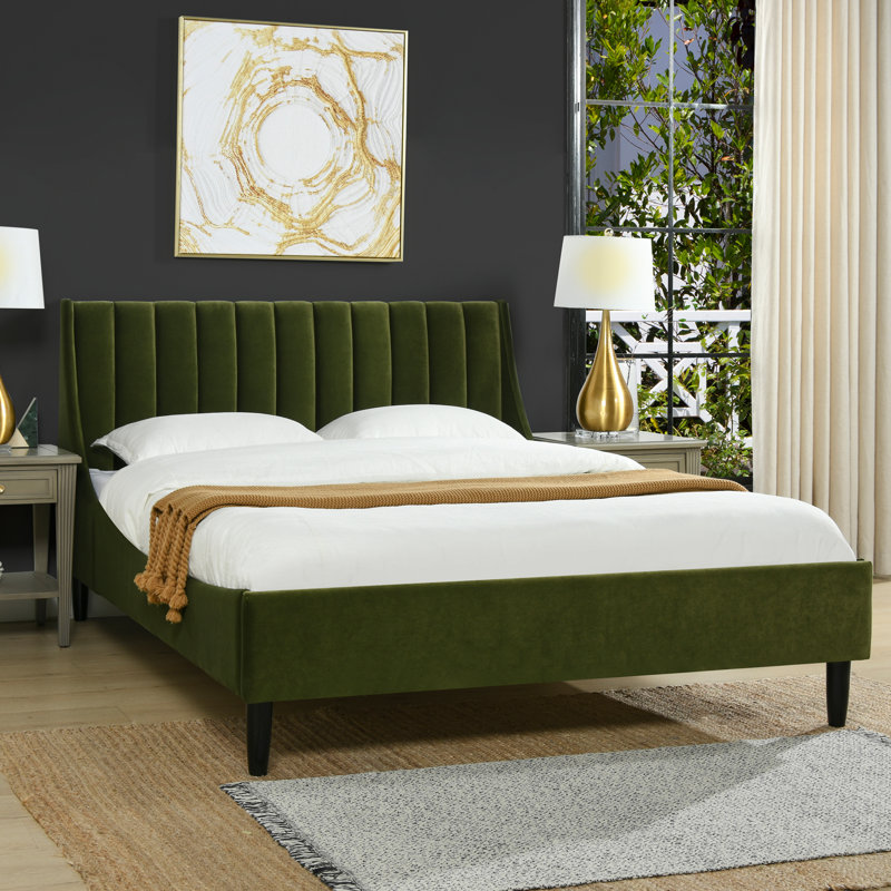 Helaina Upholstered Wingback Bed, Queen, Olive Green Velvet