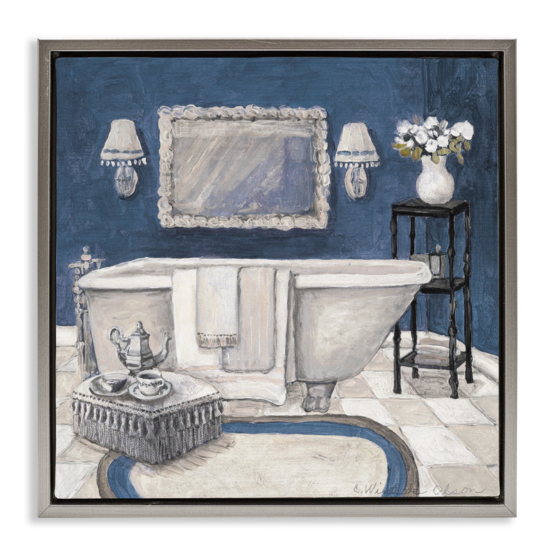 Cadre flottant bleu Peaceful Bath, design par Charlene Olson, H 25 po x l 25 po, Cadre flottant gris lustré