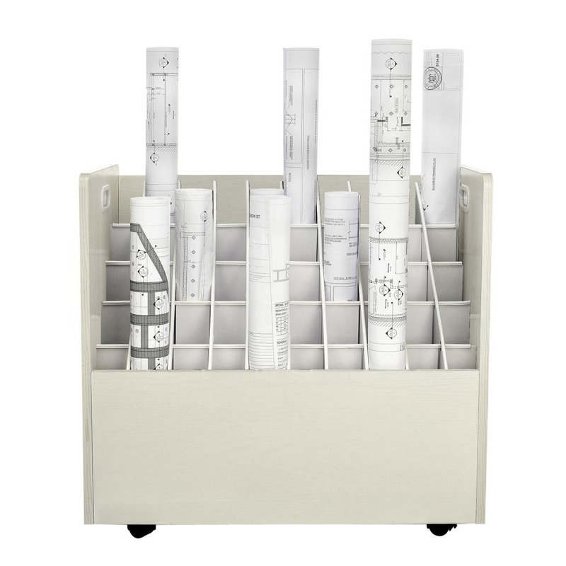 White Wood Mobile Roll File Storage Organizer with 50 Compartments