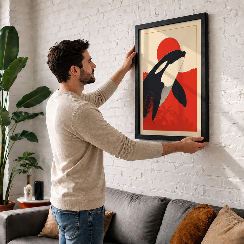 Whales Under Red Sun Mid-Century - Framed Print, A1 - 84.1 x 59.4 cm, White