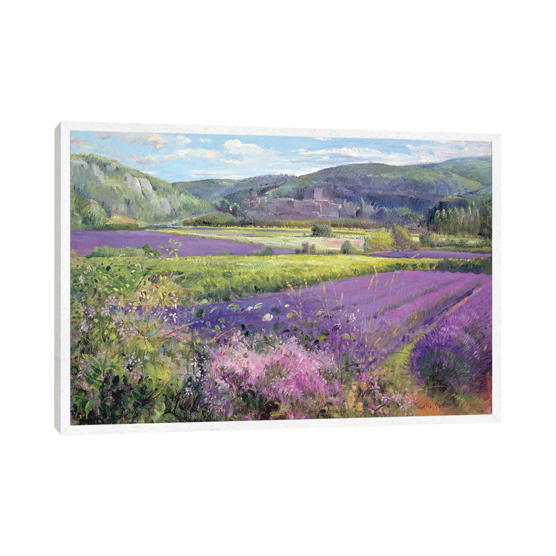Lavender Fields In Old Provence by Timothy Easton - Painting on Canvas, 66.04 cm H x 45.72 cm W, White Framed