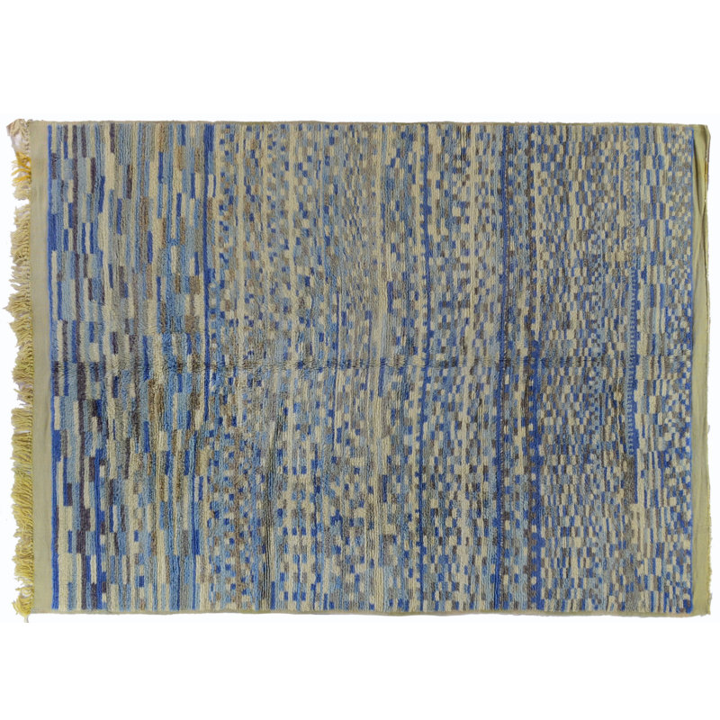 Tapis unique en laine noué à la main bleu / sable / gris 7 pi x 9 pi 10 po