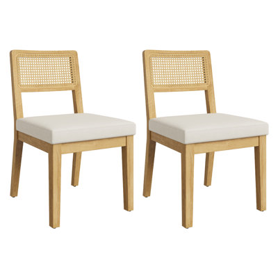 Chaises de salle à manger 2 pièces, structure en bois revêtu de lin avec dossier en rotin pour la cuisine
