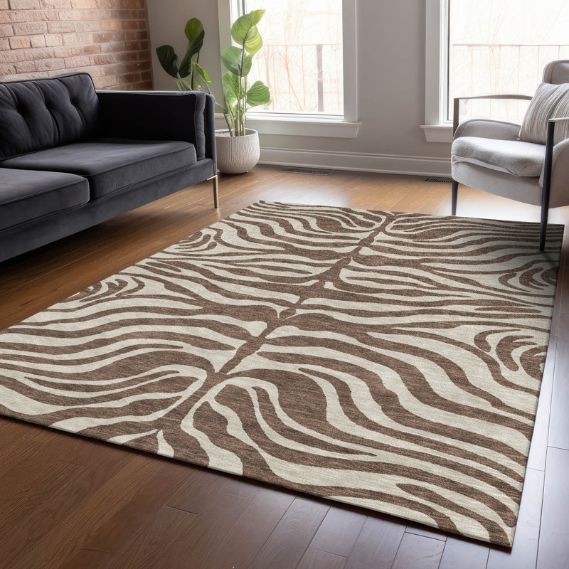 Brown and Beige Zebra Print Washable Synthetic Area Rug