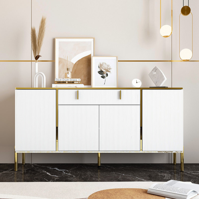 Jenkinsburg 63" Modern Sideboard with Gold Legs and Fluted Doors, Buffet Cabinet for Entryway or Living Room, White