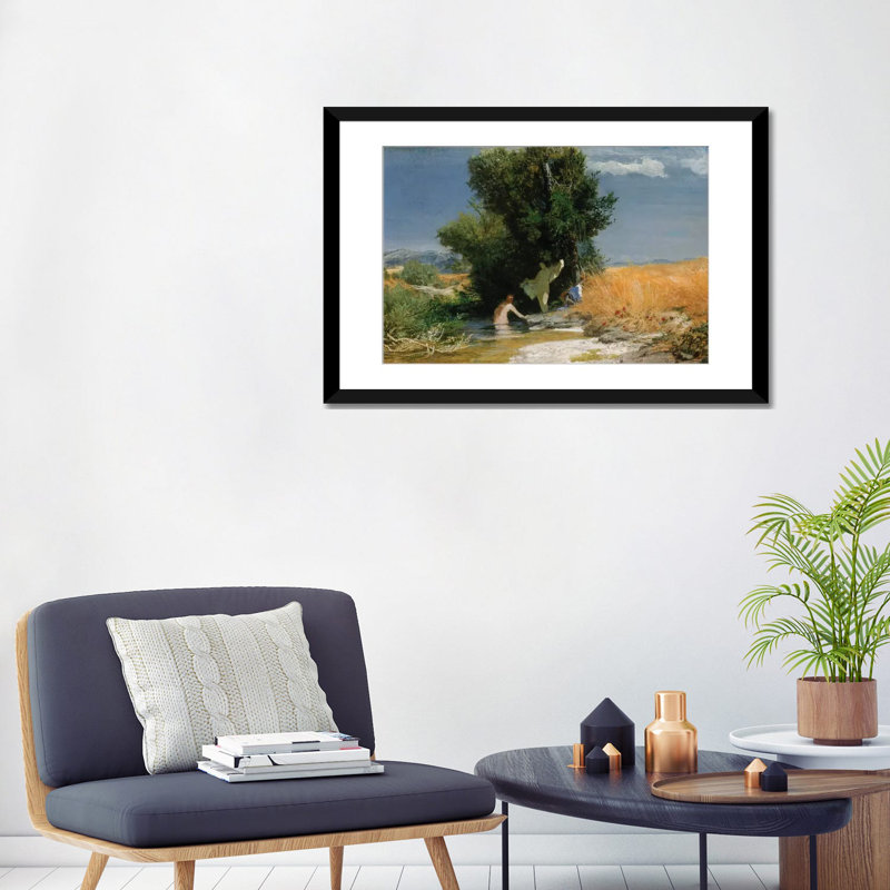 Champ de maïs avec filles qui se baignent  , 24" H x 32" W, Papier à cadre ouvert avec passe-partout, Noir