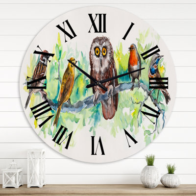 Owl On A Branch With Bird Friends - Traditional wall clock