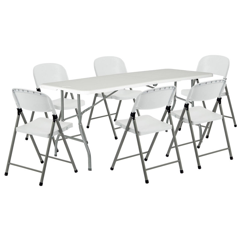 180cm Rectangular Portable Folding Table with 6 Chairs, White