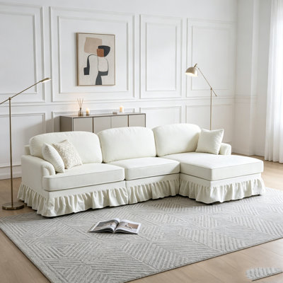 103.15'' Modern Sectional Sofa with Removable Ruffled Pleated Skirt, Chenille Cloud Sofa, Ottoman and Flared Arms
