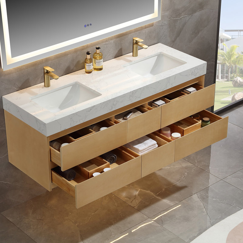 Double meuble-lavabo mural moderne en bois massif avec plateau en pierre et lumière, 60"