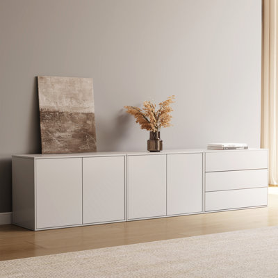 Adinda 94.47in Medieval Tv Cabinet, 4 Doors 2-layer Shelves, With Three-drawer Storage Cabinet, Ivory White