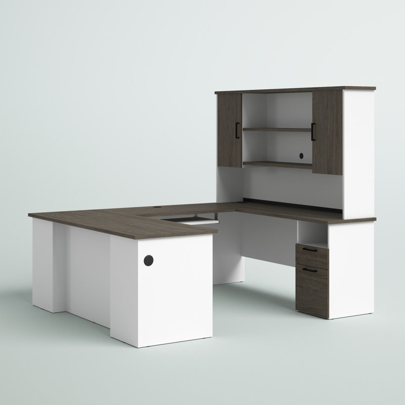 Bureau en U réversible avec rehausse Ocke, Noyer gris / blanc