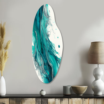«Turquoise Waves In Paradise VII», art mural asymétrique abstrait à encre liquide en métal