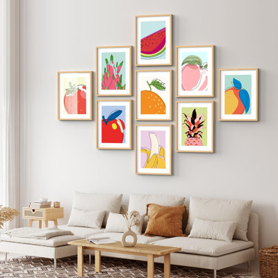 Framed Wall Art Collage Print Gallery Set, Fruit Sketch Variety Food Citrus Illustrations Modern Decorative Elements Portrait Colorful for Bedroom, Living Room, Office - 11"x 14"x 9 Natural