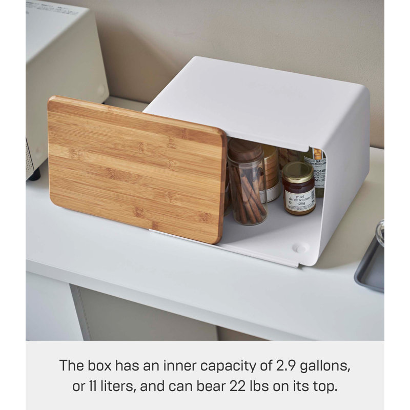 White Steel Bread Box with Bamboo Cutting Board Lid