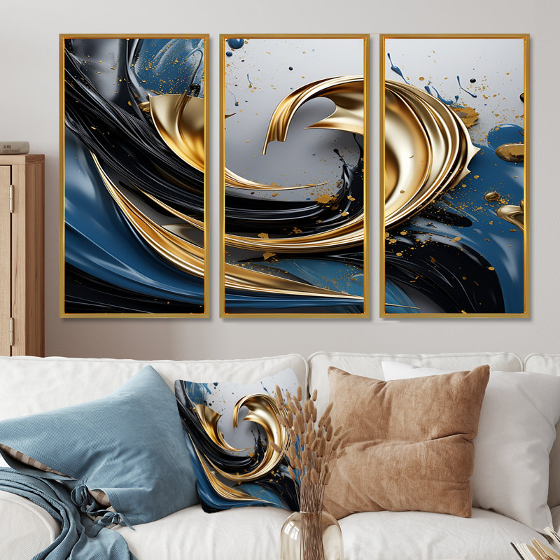 «Evolving Gold Flow» - ensemble d'impressions murales abstraites à encre liquide, Cadre flottant doré