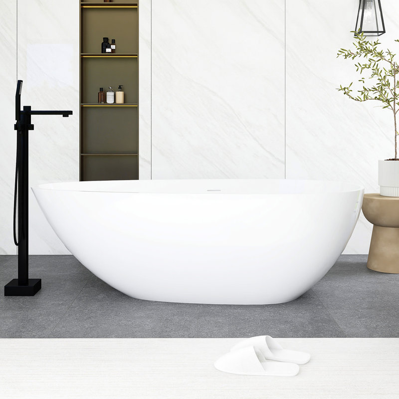 59'' White Solid Surface Freestanding Bathtub With Overflow And Pop-Up Drain