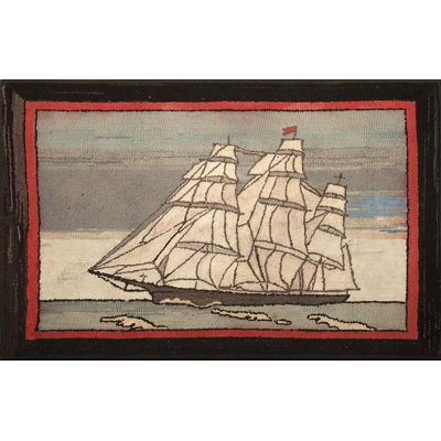 Artistic Antique Scenic Nautical Maritime Design Ship Pattern American Folk Art Hooked Rug