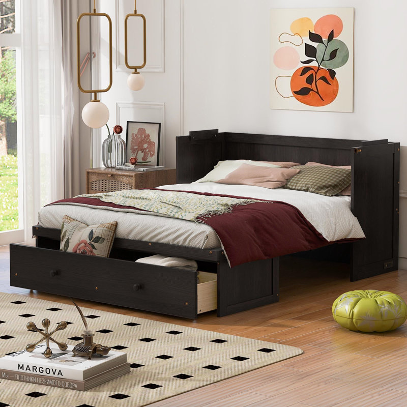 Lit escamotable avec port USB et grand tiroir, Double, Espresso