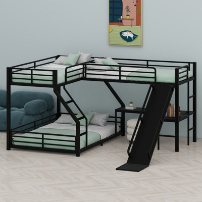 Lit superposé en L avec lit mezzanine, lit superposé triple en métal avec glissade et ports USB