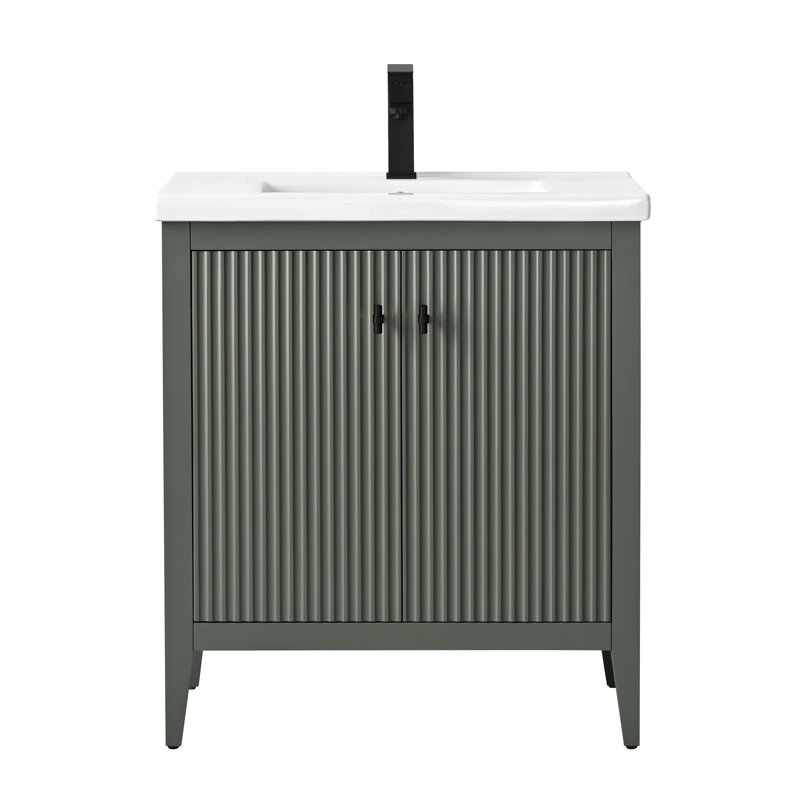 Single Bathroom Vanity with Ceramic Top, 30", Matte Black, Linear Vintage Green