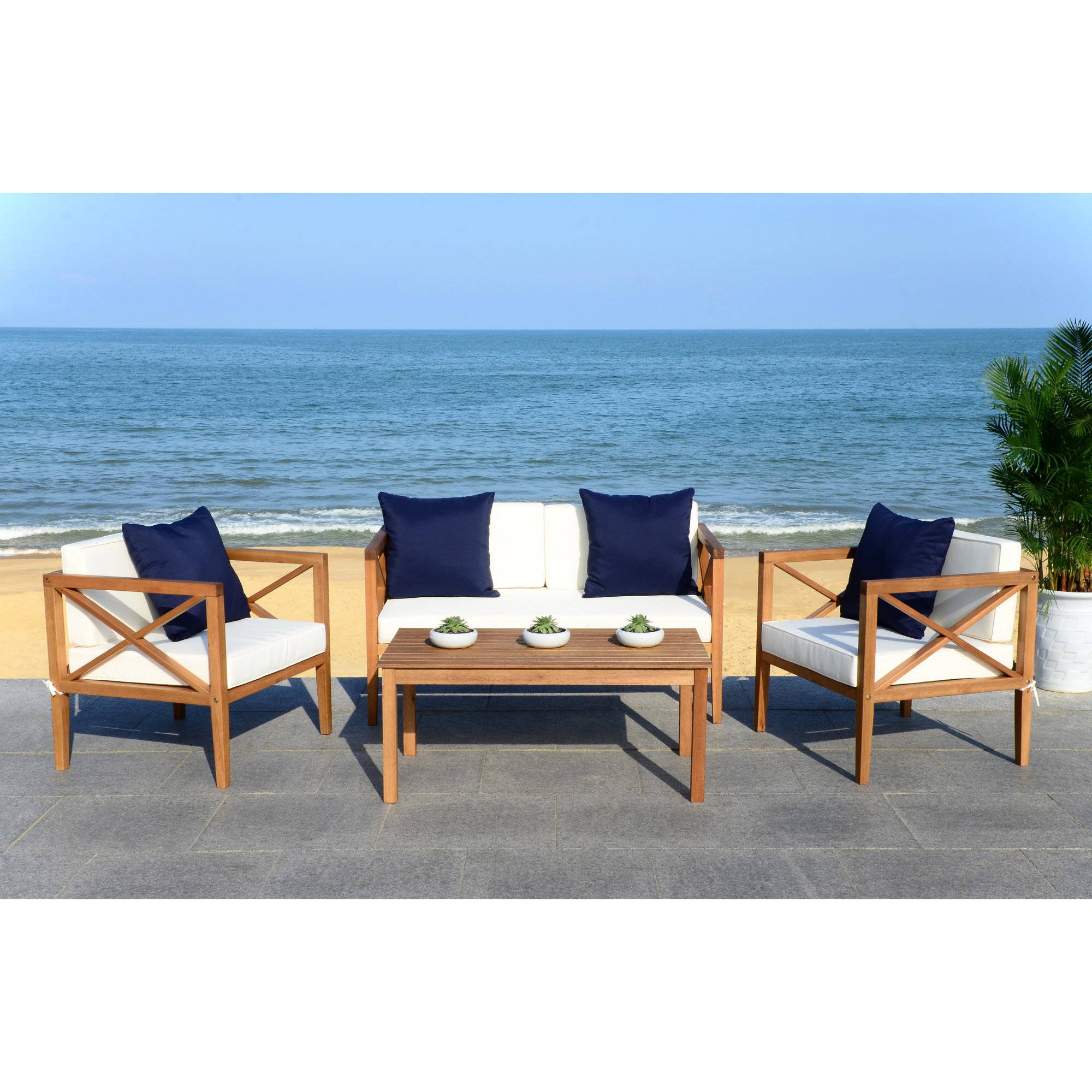 Mondovi Eucalyptus 4 - Person Patio Conversation Set with Cushions, Navy, Natural Frame/Beige Cushion