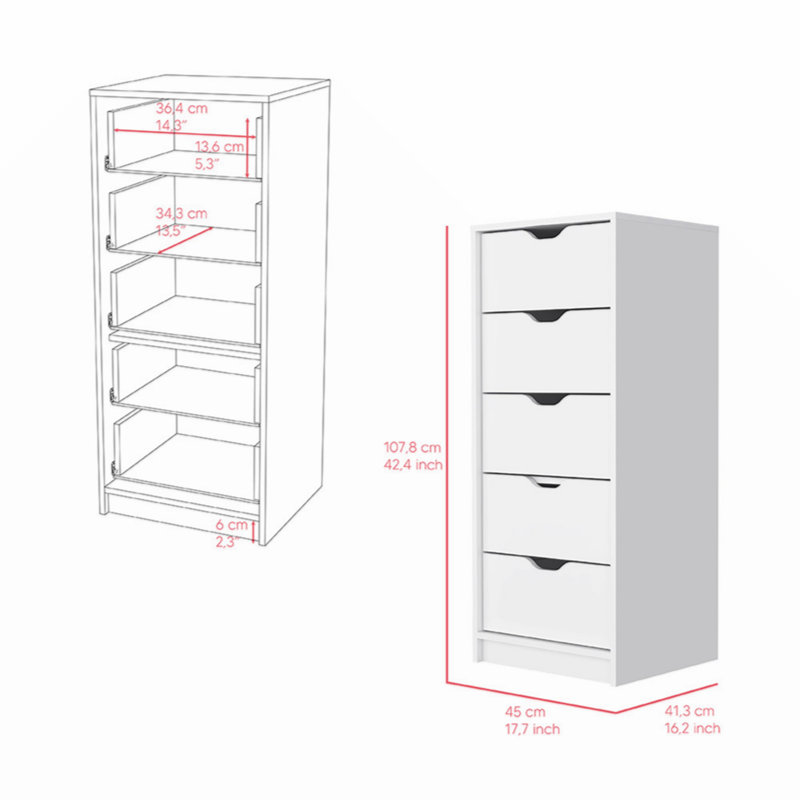 Commode Kamran, cinq tiroirs Narrows, finition blanche, Blanc